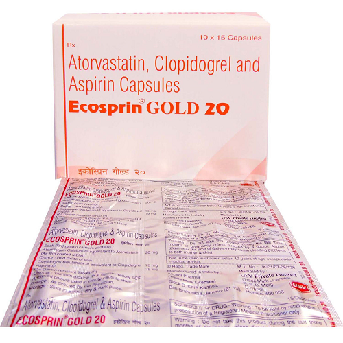 Ecosprin Gold 20 mg (Atorvastatin/Clopidogrel/Aspirin)