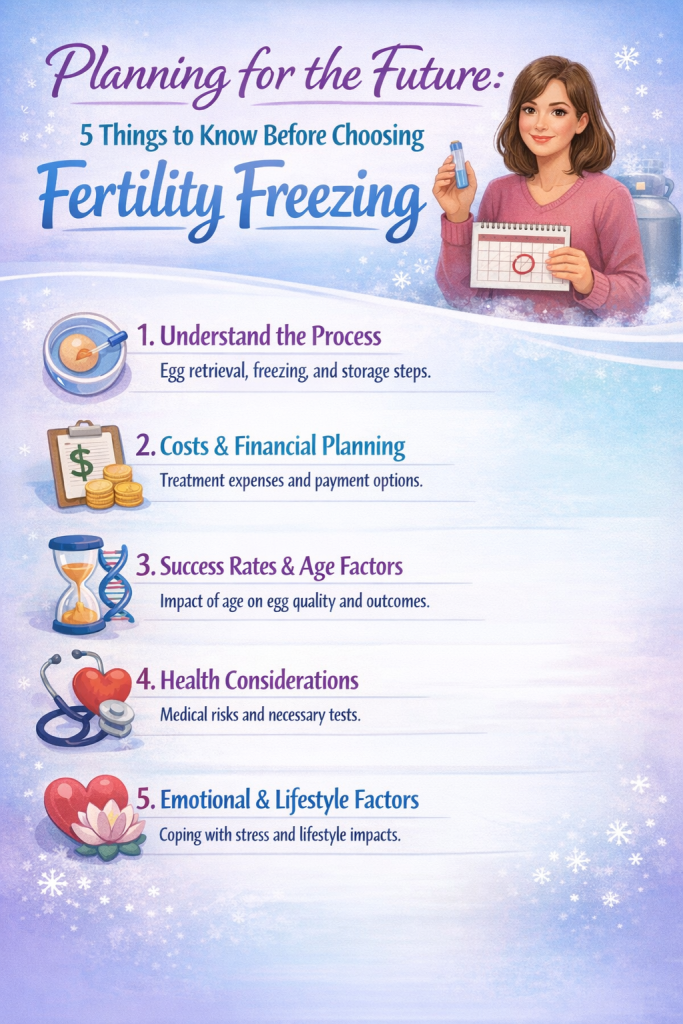 Planning for the Future: 5 Things to Know Before Choosing Fertility Freezing infographic showing process, cost, success rates, health and emotional factors