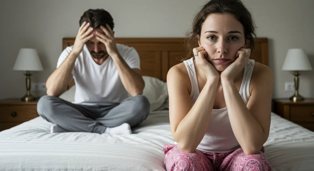 A concerned woman sitting alone, illustrating the emotional impact of sexual deprivation on mental health.