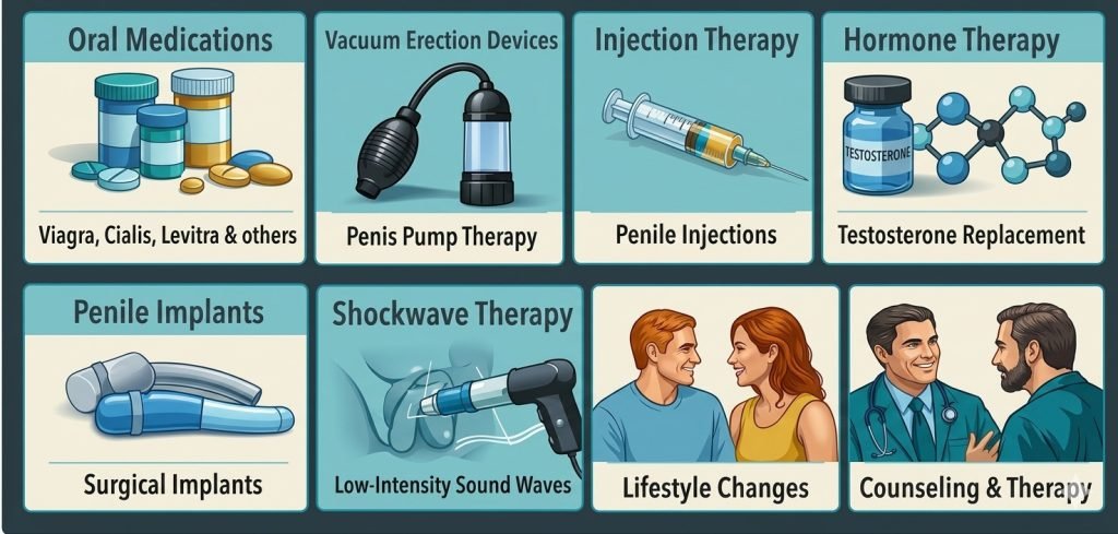 Infographic showing 8 types of ED treatments including medication, pump therapy, shockwave, and counseling.