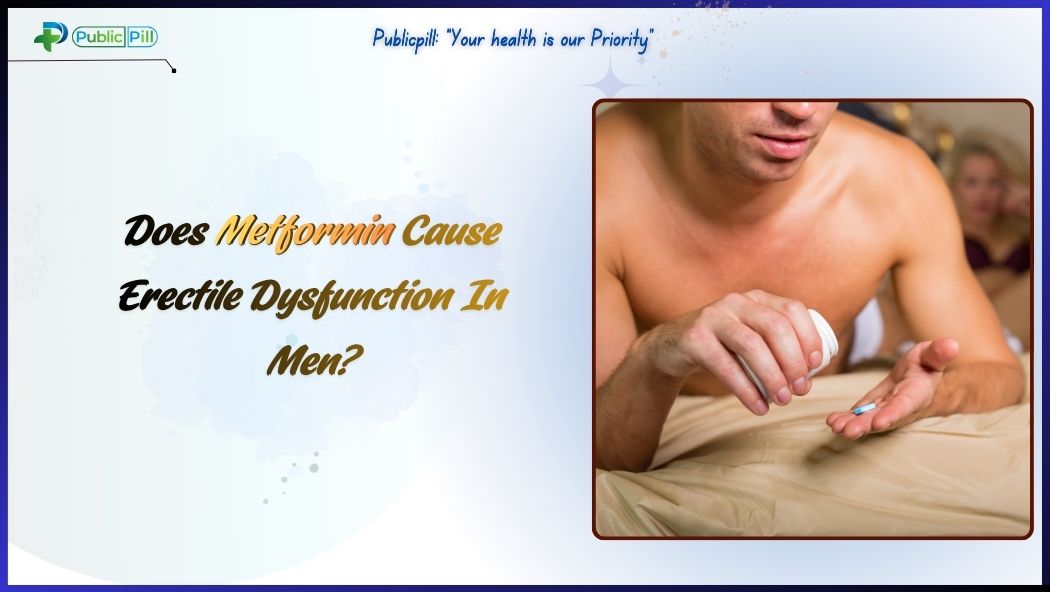 Publicpill banner exploring the connection between Metformin and erectile dysfunction in men, highlighting impacts on heart, liver, and libido.
