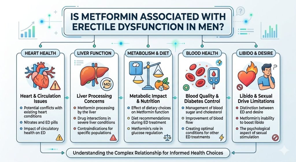 Publicpill guide on Metformin and erectile dysfunction, illustrating its relationship with heart, liver, metabolism, blood, and libido.