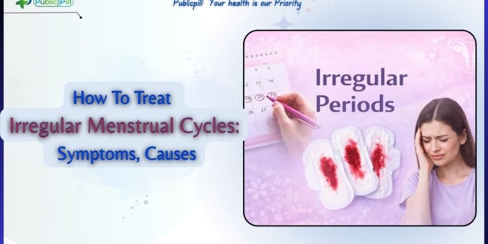 how to treat irregular menstrual cycles symptoms causes - Publicpill | #1 Trusted, Convenient, and affordable pharmacy, Illustration representing irregular menstrual cycles, symptoms, causes, and treatment options for women’s health.