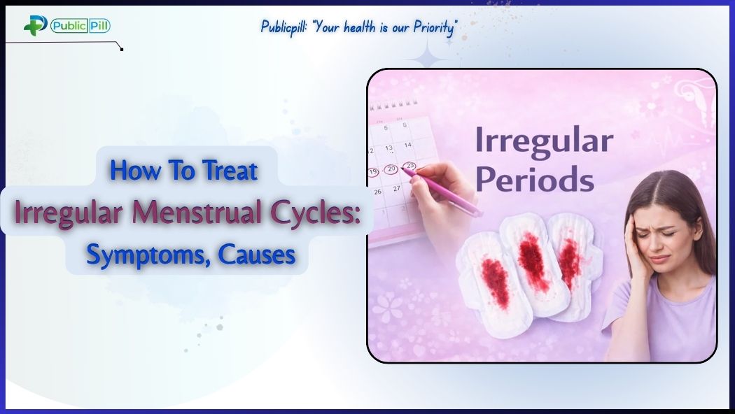 how to treat irregular menstrual cycles symptoms causes - Publicpill | #1 Trusted, Convenient, and affordable pharmacy, Illustration representing irregular menstrual cycles, symptoms, causes, and treatment options for women’s health.
