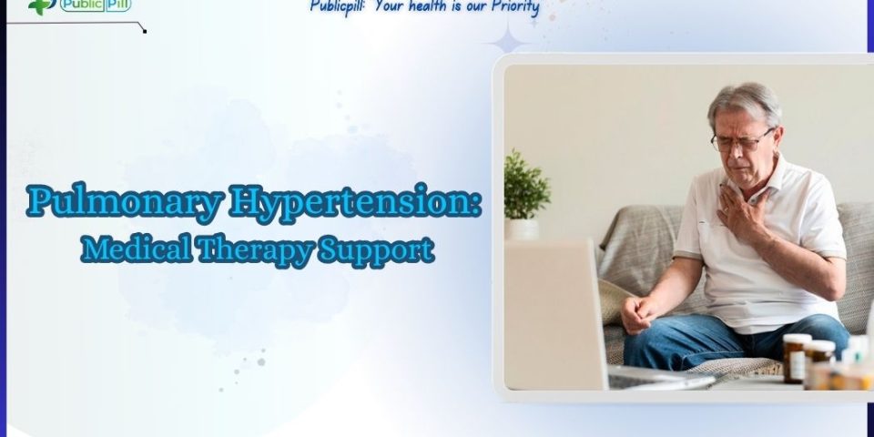 pulmonary hypertension medical therapy support options - Publicpill | #1 Trusted, Convenient, and affordable pharmacy, Medical diagram showing pulmonary hypertension treatment pathways, including PDE5 inhibitors, supportive oxygen therapy, and patient lifestyle management.