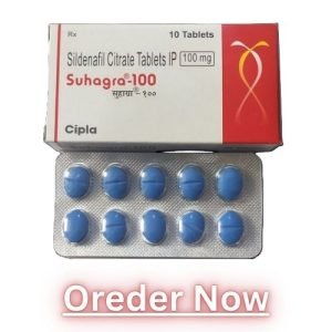 Front view of Suhagra 100mg tablet packaging showing brand name and strength.