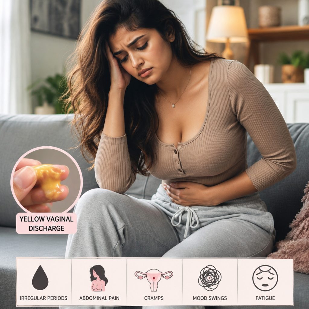 Woman experiencing abdominal pain and yellow vaginal discharge with menstrual health symptoms illustration