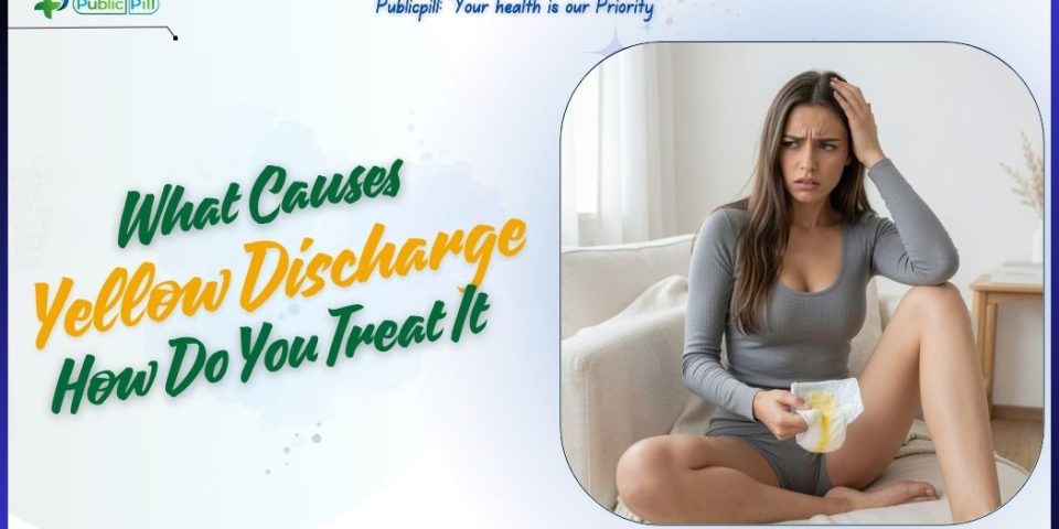yellow discharge causes treatment - Publicpill | #1 Trusted, Convenient, and affordable pharmacy, A medical illustration or clinical infographic detailing the primary causes and treatments for abnormal yellow discharge