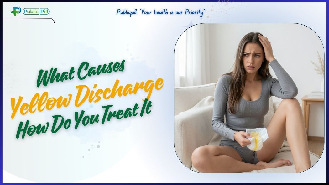 A medical illustration or clinical infographic detailing the primary causes and treatments for abnormal yellow discharge