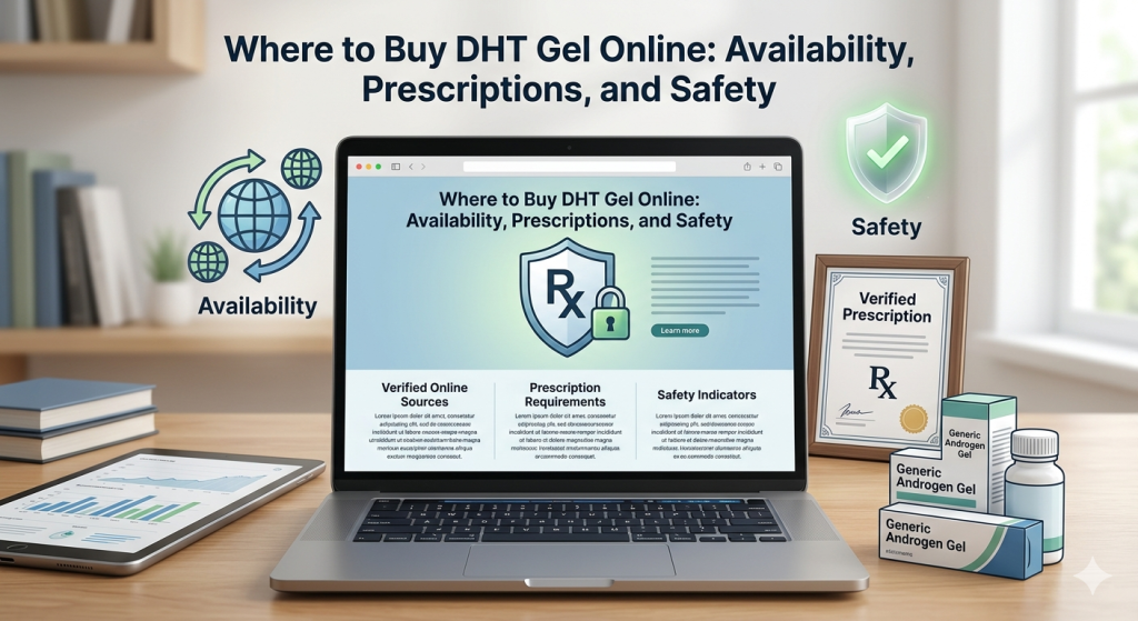 Infographic showing PublicPill secure checkout for DHT Gel 2.5 percent, international air cargo transit, and fast 10-day doorstep delivery to a happy customer.