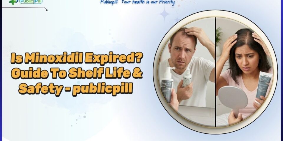 Comparison image showing the risks of expired minoxidil on hair growth progress for men and women, with visual guides to product crystallization and oxidation.