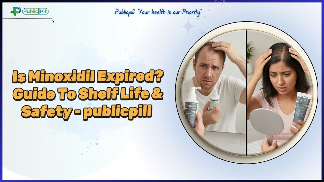 Comparison image showing the risks of expired minoxidil on hair growth progress for men and women, with visual guides to product crystallization and oxidation.
