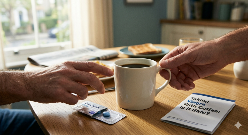 A person reaching for a white mug of black coffee on a morning breakfast table next to a blister pack of blue Viagra pills and an informational booklet.