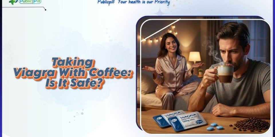 Illustration representing the use of Viagra with coffee, highlighting potential interactions, effects, and considerations for sexual health and intimacy.