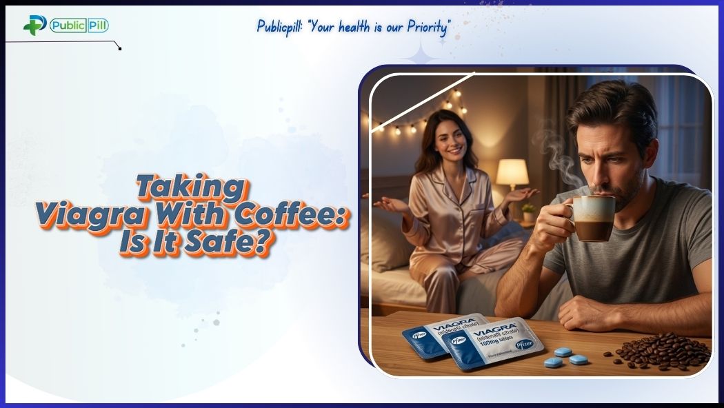 Illustration representing the use of Viagra with coffee, highlighting potential interactions, effects, and considerations for sexual health and intimacy.
