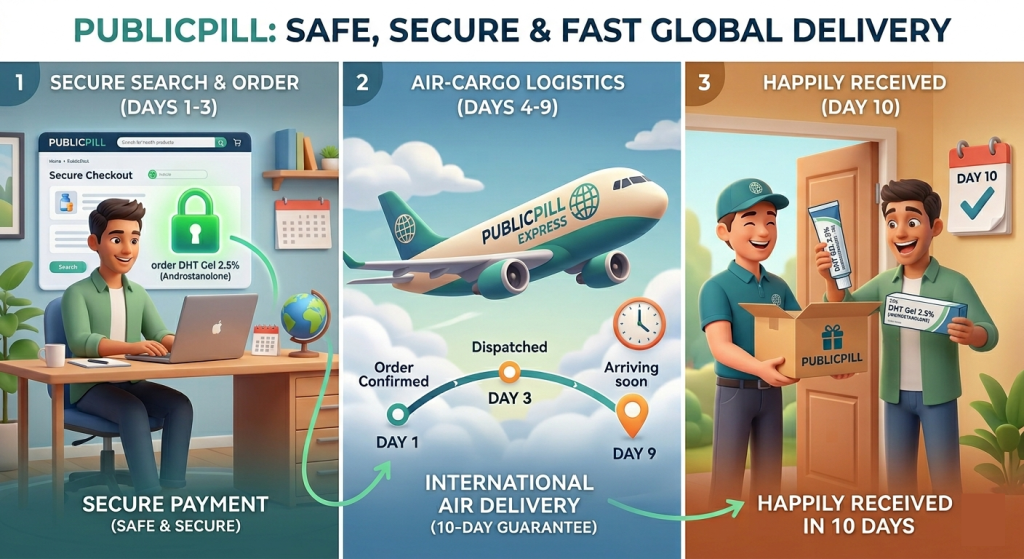 Infographic illustrating PublicPill 3-step secure ordering process for DHT Gel 2.5%, international air-cargo shipping, and happy customer receiving doorstep delivery on Day 10