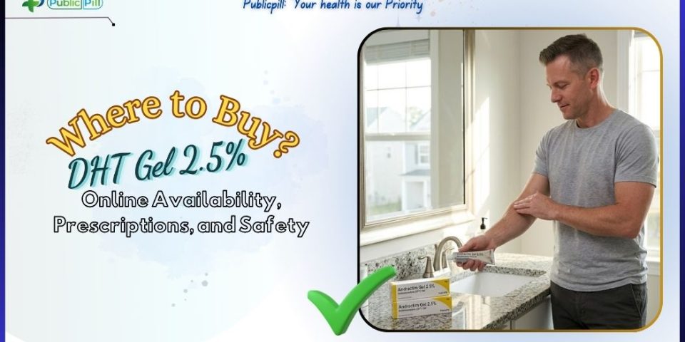 An American man in a bright bathroom applying Andractim DHT Gel 2.5% to his arm, with prescription boxes on the marble counter.