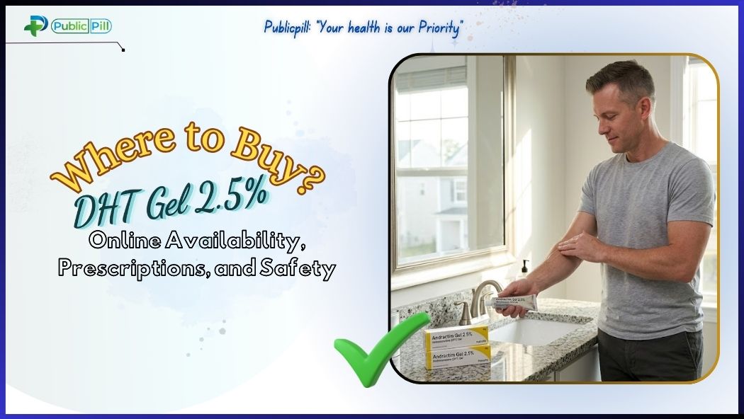 An American man in a bright bathroom applying Andractim DHT Gel 2.5% to his arm, with prescription boxes on the marble counter.
