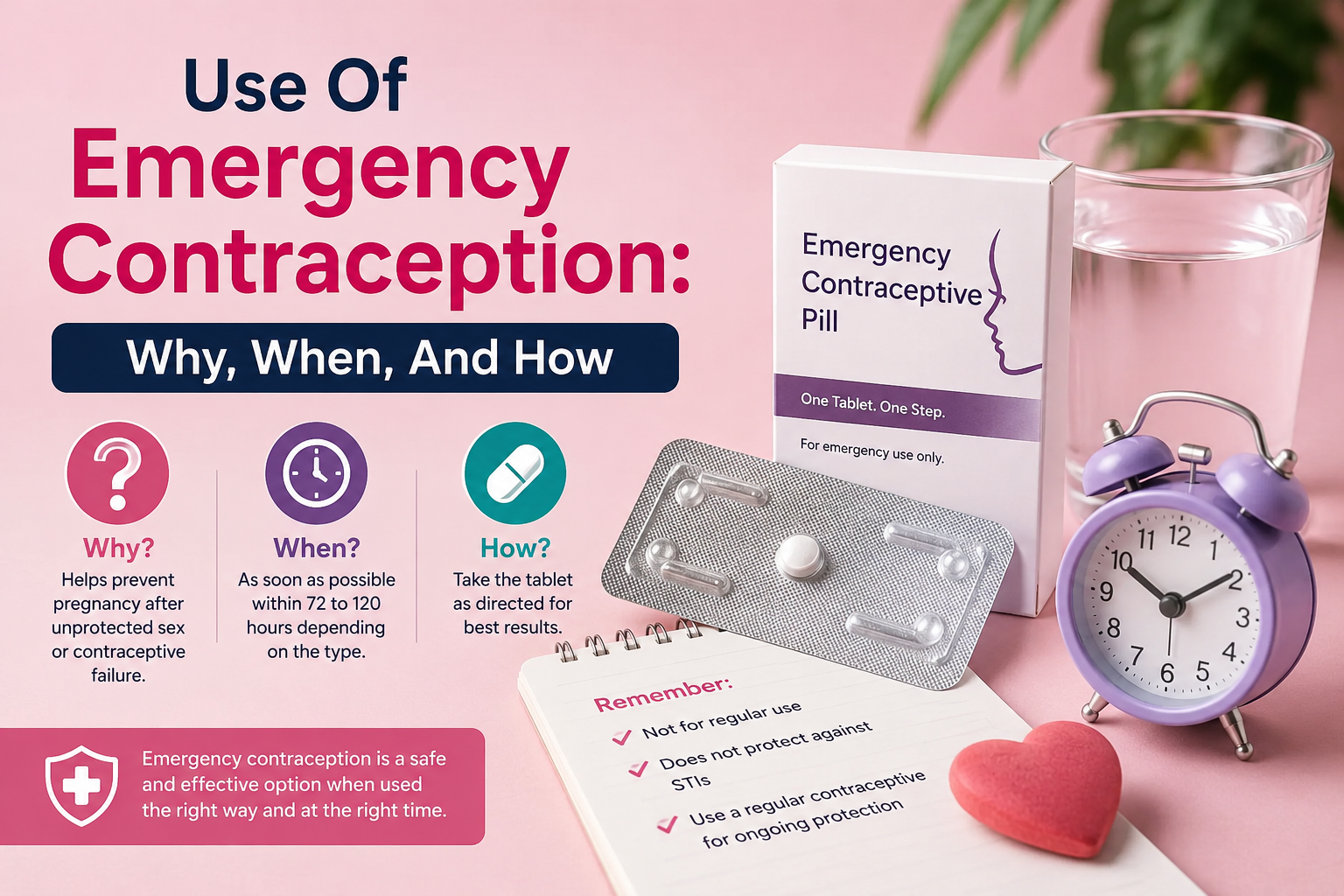 Illustration of a calendar next to the text "use of emergency contraception: why, when, and how"